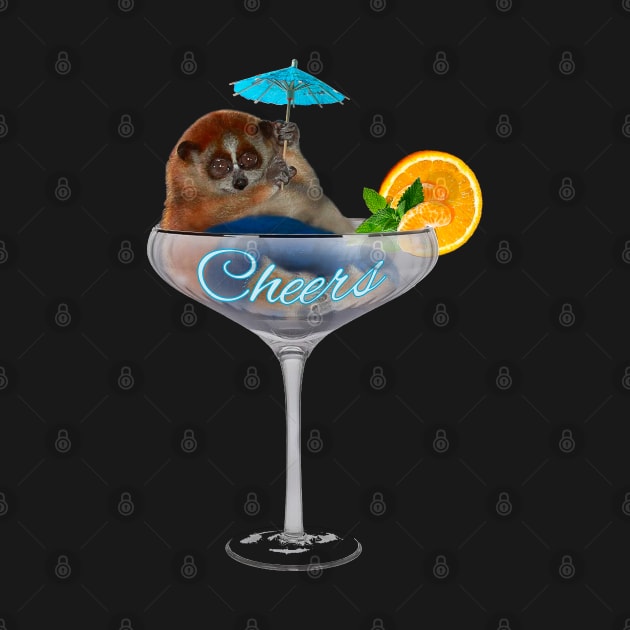 Slow loris. Cheers! Fat and funny is sitting in a cocktail glass with cocktail umbrella by SafSafStore