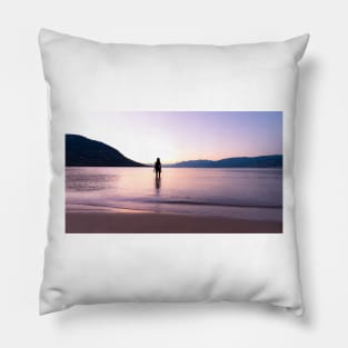 Girl Standing in Lake Watching Sunset at the Beach Pillow