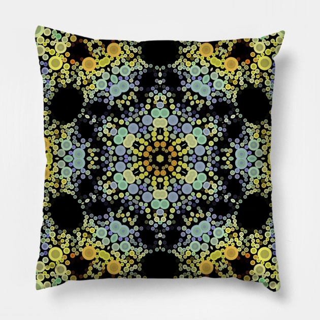 Dot Mandala Flower Yellow Blue and Grey Pillow by WormholeOrbital