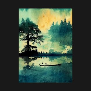 Boat on a lake watercolor art T-Shirt