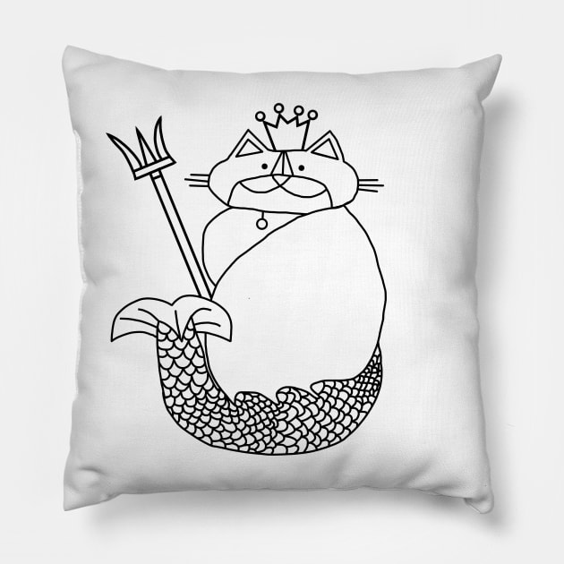 Kevin the Cat Mermaid King Black Line Drawing Pillow by ellenhenryart