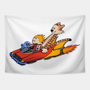 Calvin and Hobbes Riding a Car Tapestry