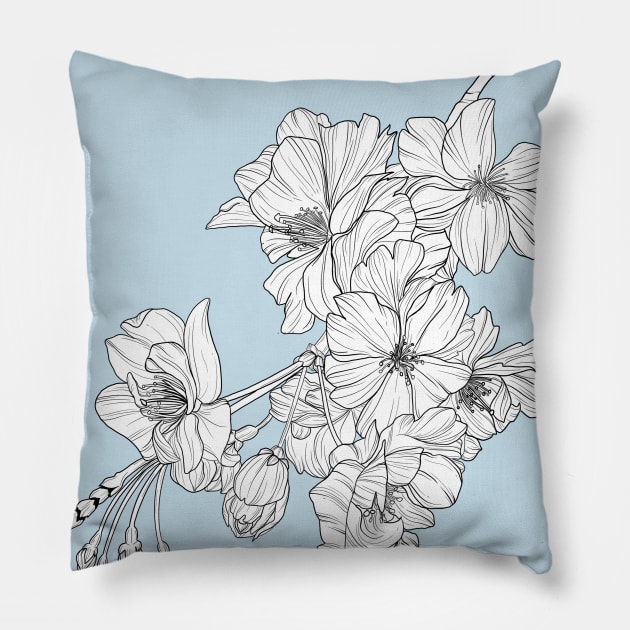 Sakura Cherry Blossom Flower Monoline Illustration Pillow by Flowering Words