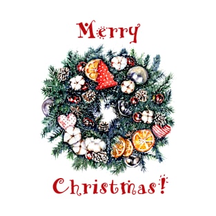 Merry christmas wreath watercolor illustration T-Shirt