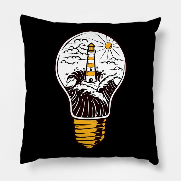 lighthouse and ocean Pillow by sharukhdesign