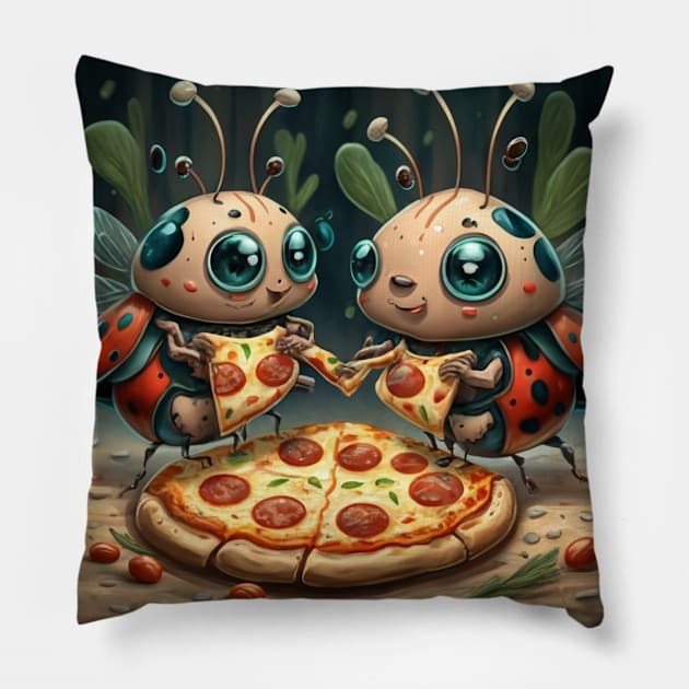 Cute and funny ladybug eating pizza gift ideas stickers tee and more Pillow by WeLoveAnimals