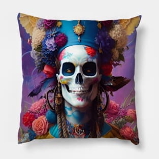 Surreal Exotic Floral Pirate Skull Pillow