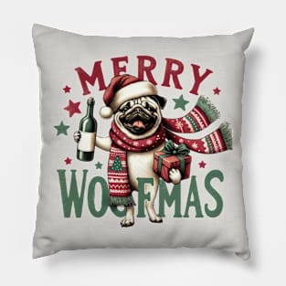 Merry Woofmas Funny Vintage Pug Christmas Pillow