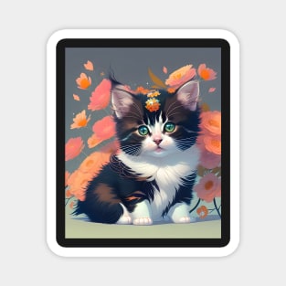 Beautiful Calico Kitten with Flowers - Modern Digital Art Magnet