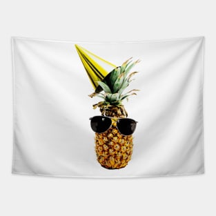 Funny pineapple wearing black aviator style sunglasses and party hat Tapestry