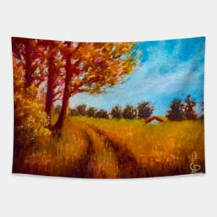 Small farm on the hill - pastel painting Tapestry