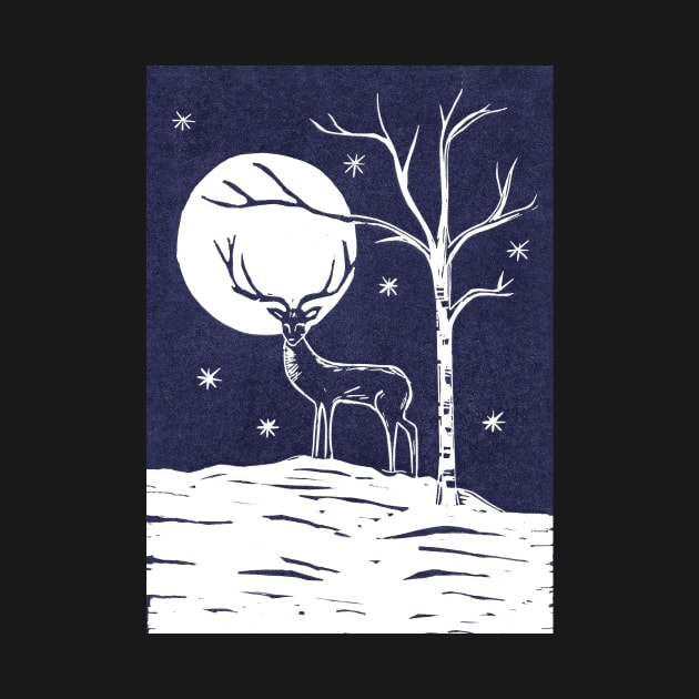 Stag in the Moonlight Blue and White LinoCut by Maddybennettart