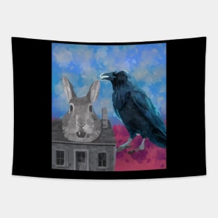 watercolor crow rabbit house Tapestry