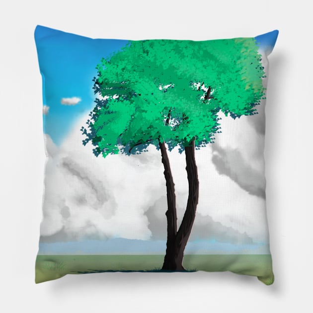 Peaceful Single Tree Scenery - Standalone Tree in Green Field Pillow by DotNeko