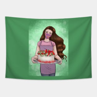 Girl with floral facemask with Christmas cake Tapestry