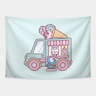 Cute Ice Cream Truck With Bunny And Penguin Tapestry