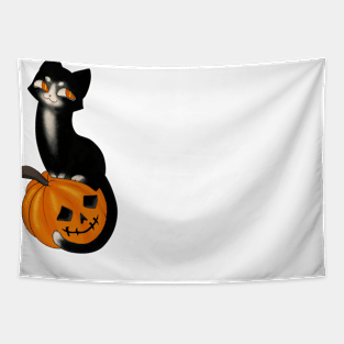 Halloween Black Cat sitting on a Pumpkin original print Tapestry