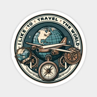 Vintage Retro Global Adventure Badge - I like to travel the world Magnet