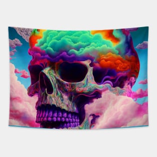 Skull Colorful Rainbow Clouds Tapestry