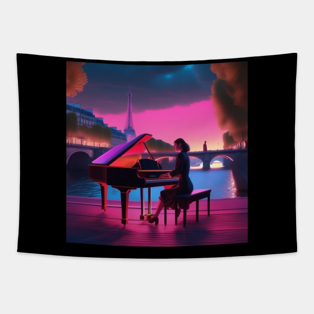 A Female Pianist Playing The Piano Near The River Seine In Paris Tapestry by Musical Art By Andrew