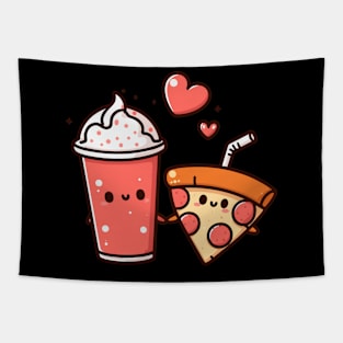 Kawaii Pepperoni Pizza and Milkshake Couple | Cute Kawaii Food Art for Couples Tapestry