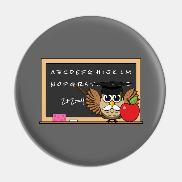 Cute Teacher Owl with Apple Cartoon Pin by BirdAtWork