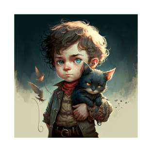 Young boy looking solemn as he holds his kitten. T-Shirt