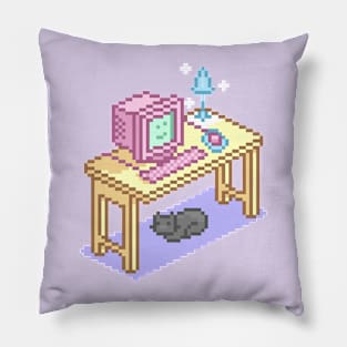 Geeky Pink Purple Pixel Art Desktop Computer Cat Pillow