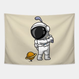 Cute Astronaut Playing Golf Planet Cartoon Tapestry