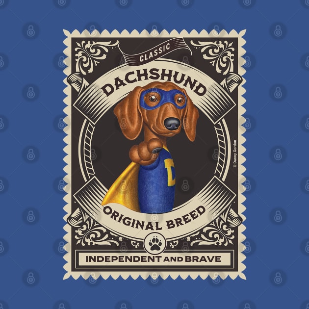 Cute Superhero Dachshund in blue mask and yellow cape by Danny Gordon Art