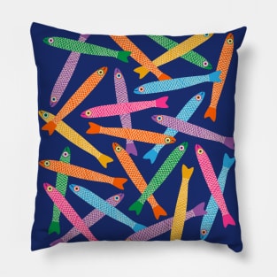 ANCHOVIES Bright Graphic Fun Groovy Fish in Rainbow Colors on Royal Blue - Tossed Layout - UnBlink Studio by Jackie Tahara Pillow