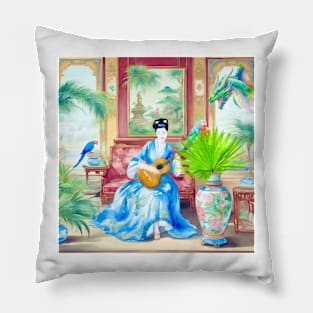 A good listener, modern whimsical chinoiserie scene Pillow