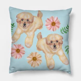 Puppies Leaves and Daisies Pillow