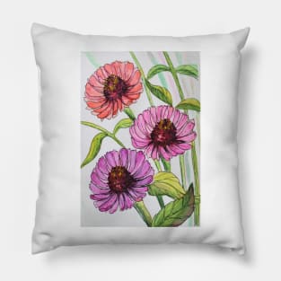 Zinnia  Flowers Watercolor Painting Pillow