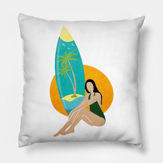 Girl and her surfboard Pillow by grafart