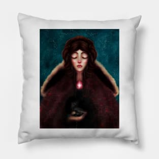 Young Girl in a Renaissance Cloak Holding a Raven With a Starry Night Sky- Gothic Art- Witch Art Pillow