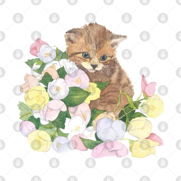 Cat with flowers by Sharon Rose Art