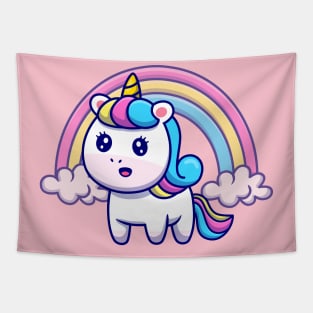 Cute Unicorn With Rainbow Cartoon Tapestry
