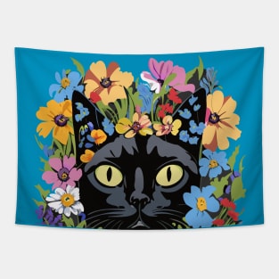 Black Cat in Flowers Tapestry