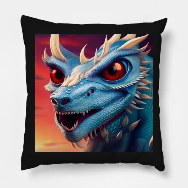 Baby Blue Dragon with White Spikes and Big Red Eyes Pillow by dragynrain