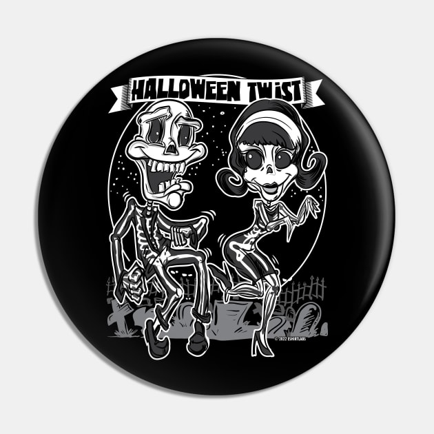 Skeletons dancing the Halloween Twist in the cemetery Pin by eShirtLabs