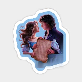 Couple Individuals Facing Each other the left has long hair and wears a blue top Magnet