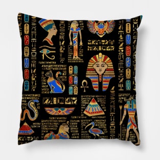 Egyptian hieroglyphs and deities on black Pillow