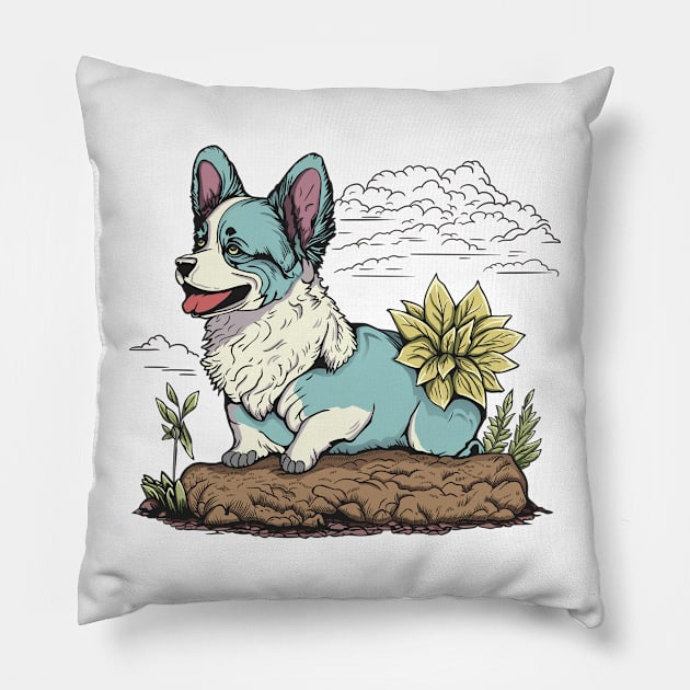 Inu Corgi Beautiful Puppy Dog in Summer and Flower Pillow by eijainspire