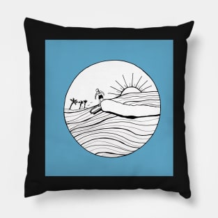 Female Surfer Riding the Wave with a blue background Pillow