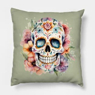 Watercolor Flower Skull Pillow