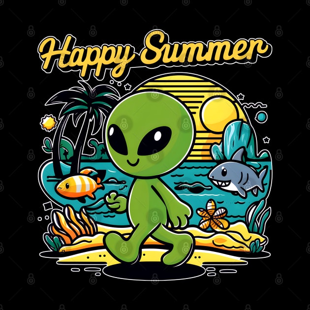 Happy summer aliens in the beach in vintage retro style by KENG 51