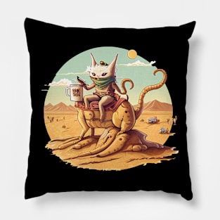 cat in desert of Kanagawa  monster drinking coffee Pillow