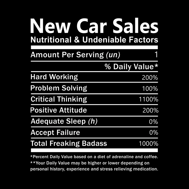 New Car Sales T Shirt - Nutritional and Undeniable Factors Gift Item Tee by Ryalgi