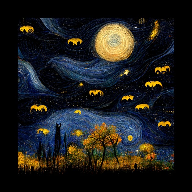 Halloween night with bats Van Gogh style, fall night background design by colorbyte